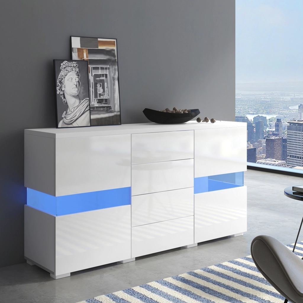 Madia con 2 ante e 4 cassetti; illuminazione LED - in MDF - 145x35x72 cm - bianco