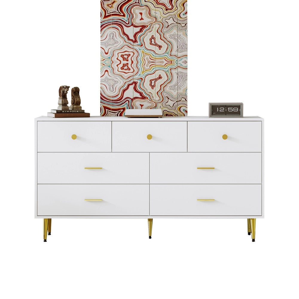 Credenza con Cassetti Bianca ¨C MINIMAL ¨C 7 cassetti, gambe e maniglie oro, 140x35x76 cm