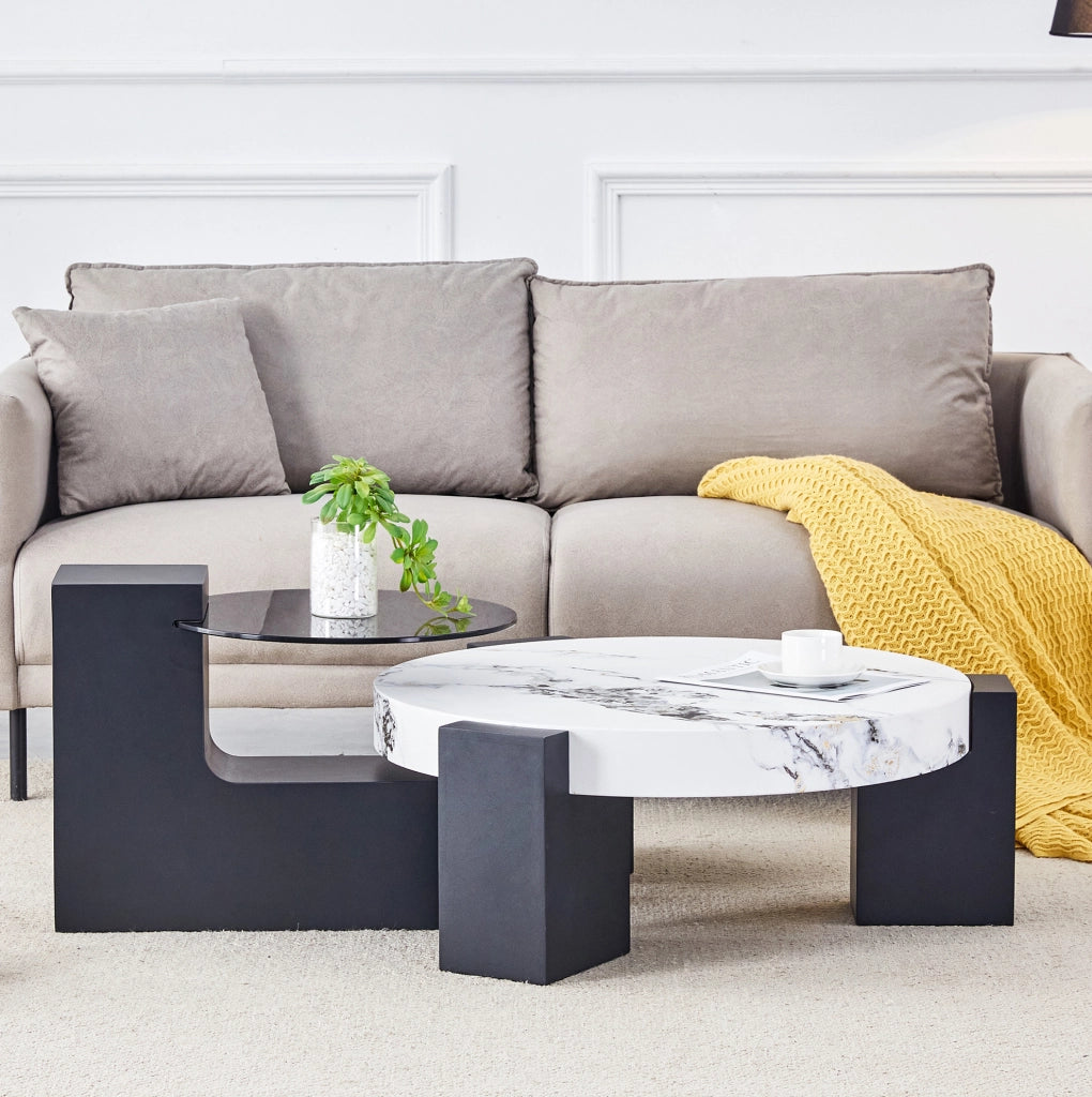 Set 2 tavolini rotondi 61 e 44 cm bianco nero in MDF e vetro; separabili