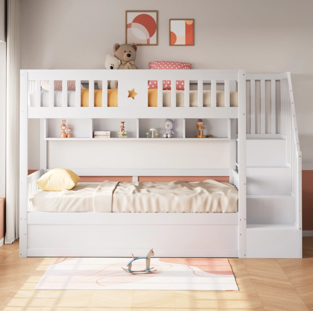 Letto a castello 90x200 cm in legno bianco con vano idraulico, scale contenitore e ripiani