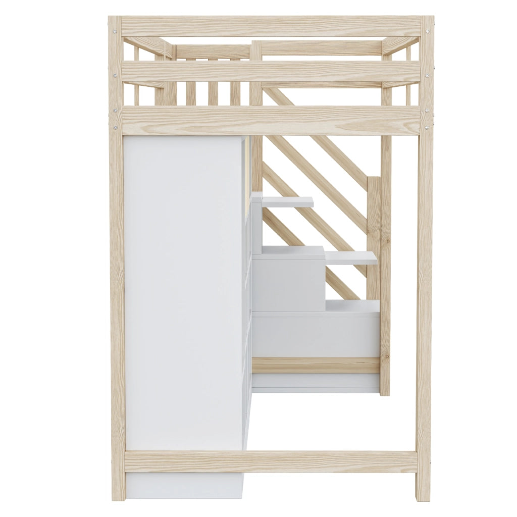 LETTO a soppalco 90x200 cm in legno naturale/bianco con scala laterale e LED