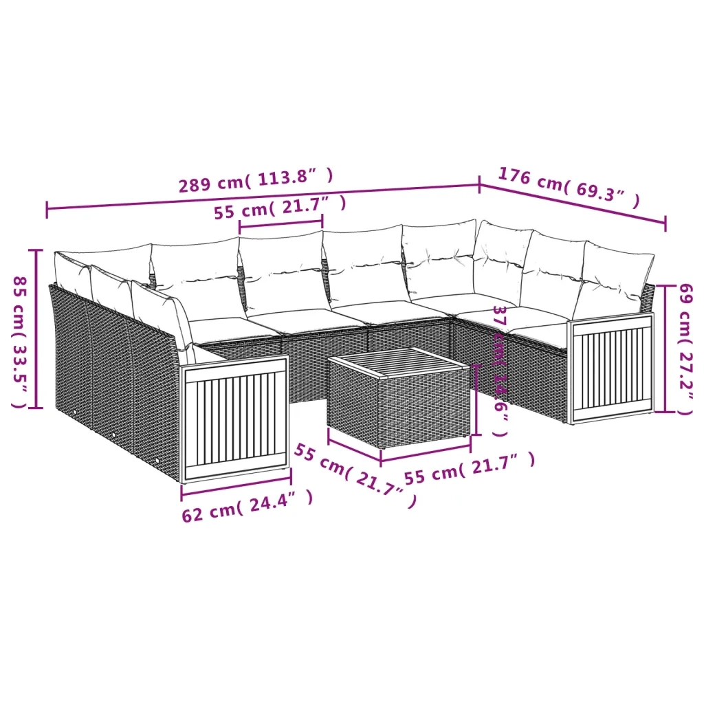 Set Divano da Giardino 10 pz con Cuscini Beige in Polyrattan