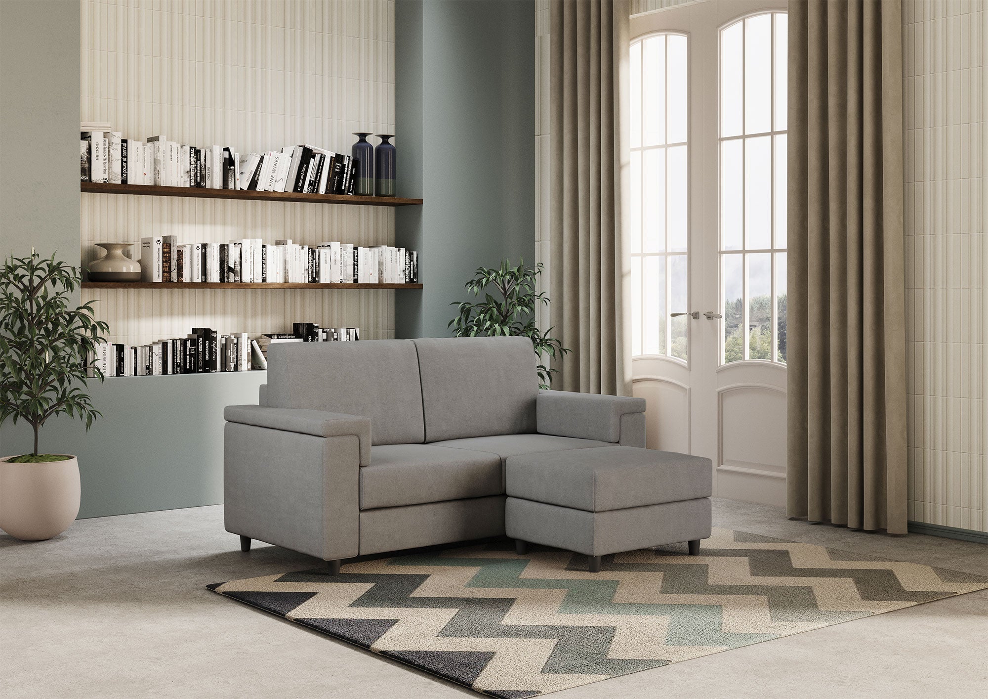 Divano 2 Posti con Pouf 168x145x85 cm Marrak in Tessuto Grigio