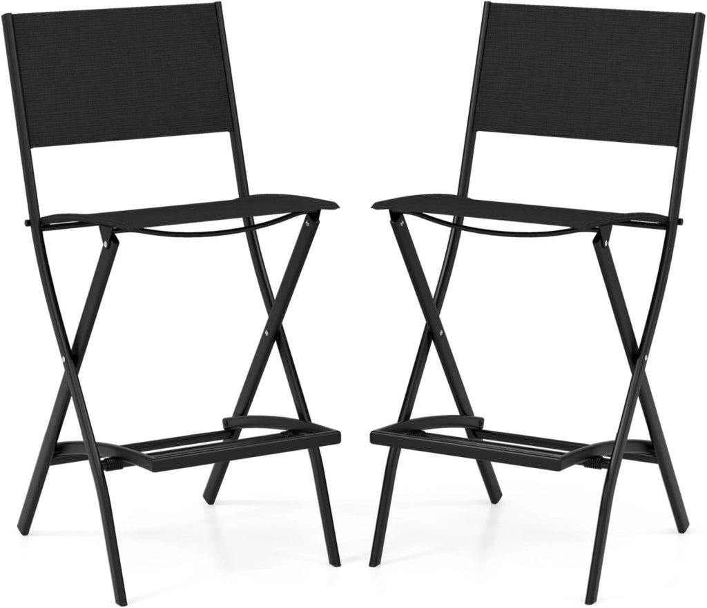 Set di Sgabelli da Bar 2 Pezzi, Sedie Alte e Pieghevoli con Telaio in Metallo e Poggiapiedi, Sedie da Bar per Balcone, Giardino e Piscina (Nero)