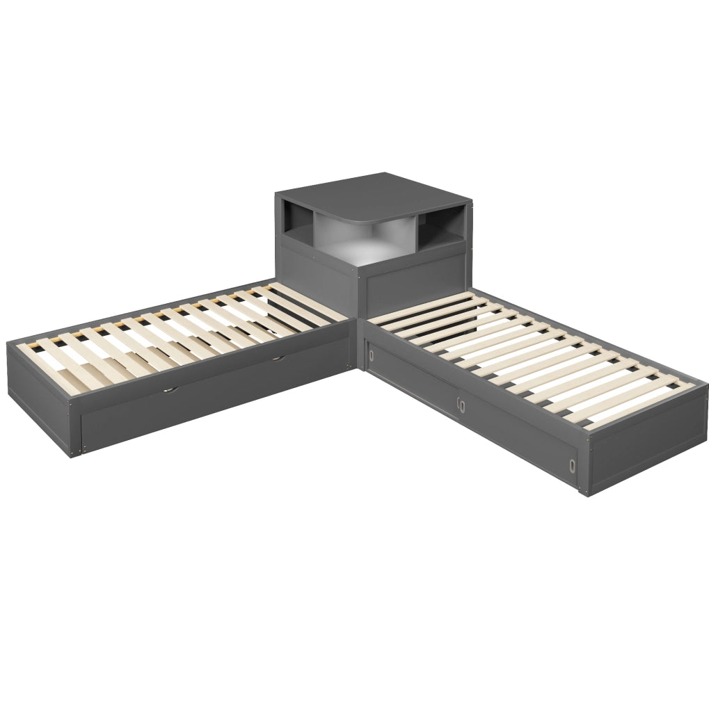 Letto singolo 90x200 con letto estraibile, LED e vani grigio