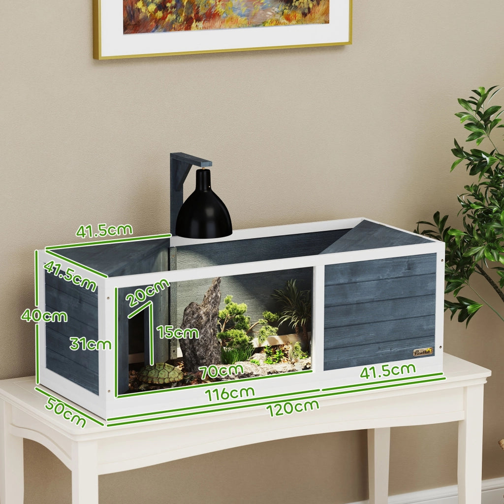 Casetta da giardino per tartarughe con due vani e area gioco centrale in legno di abete grigio 120 × 50 × 40 cm