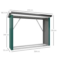 Casetta per Legna in Acciaio Zincato con Base Sollevata e Tetto Inclinato 213x66,5x150 cm Verde