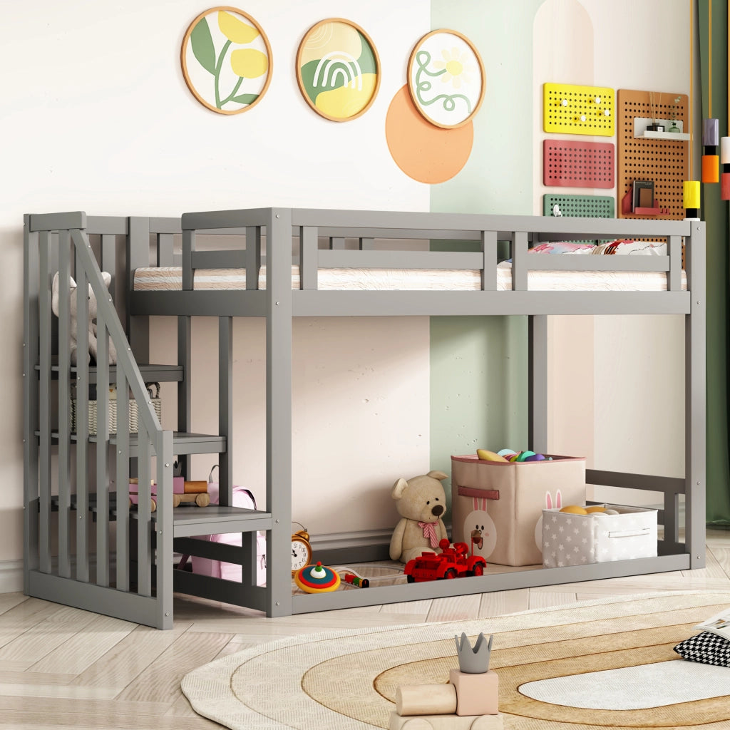 OKWISH Letto a Castello 90×200 cm, Letto Singolo basso con Scala di Sicurezza, Contenitore et Scaffali, senza Materasso, Grigio