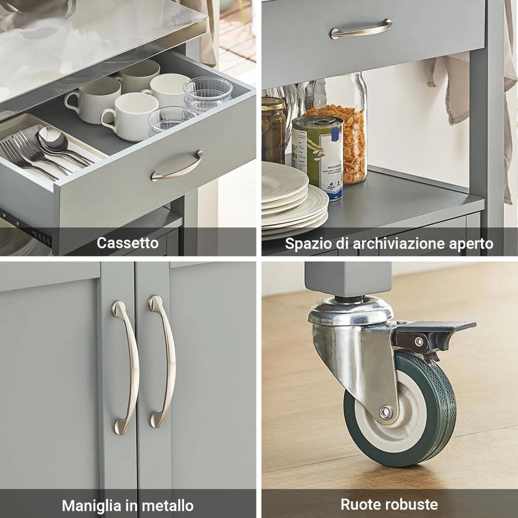 Carrello cucina salvaspazio con piano di lavoro – Mobile cucina con ruote, ideale come mobiletto cucina, credenza compatta o mobile microonde – Disponibile in Grigio 60x92x44cm FKW22-HG
