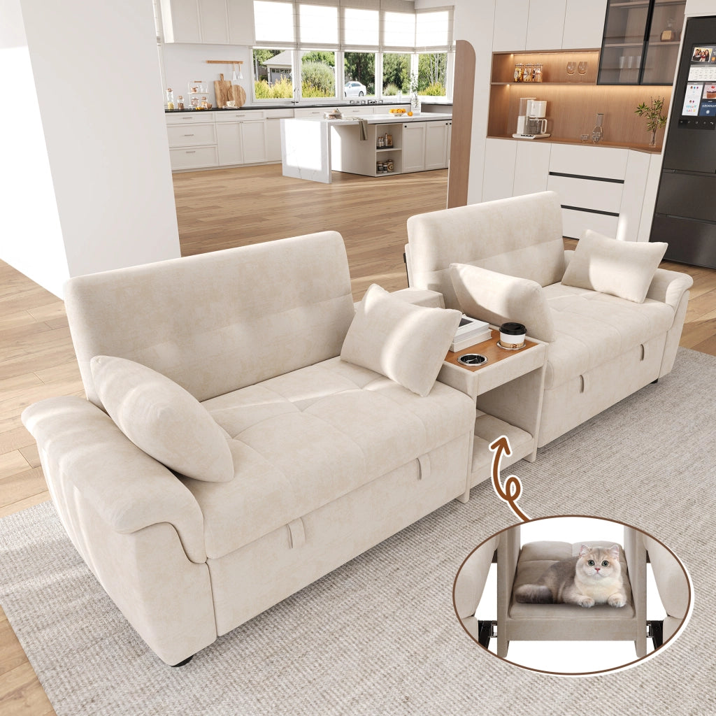 Divano a U letto con doppio modulo estraibile, schienale regolabile, area animali, portabicchieri in chenille beige
