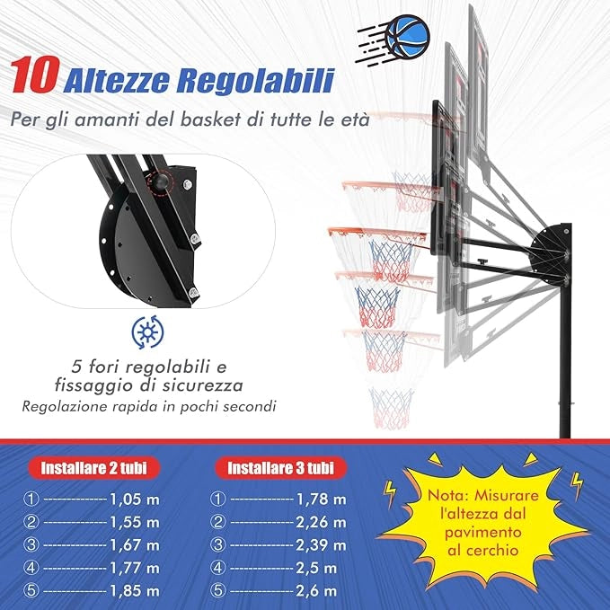 Canestro da Basket Regolabile a 10 Livelli, Canestro da Basket da Esterno Portatile con Tabellone da 82cm, 2 Ruote e Borsa