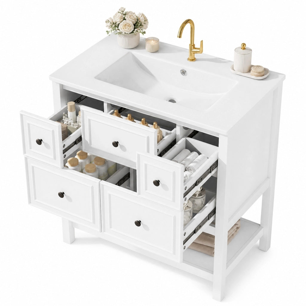 Mobile lavabo freestanding 76 x 46,5 x 82 cm, bianco, in MDF e ceramica, 5 cassetti e vani aperti