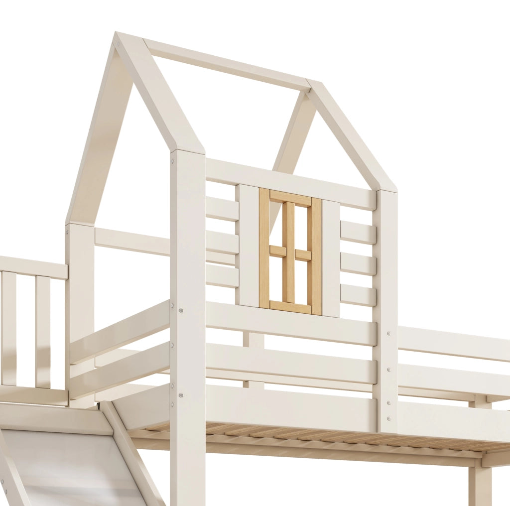 Letto a castello con scivolo e cassetto 90x200 e 140x200 cm; bianco e naturale