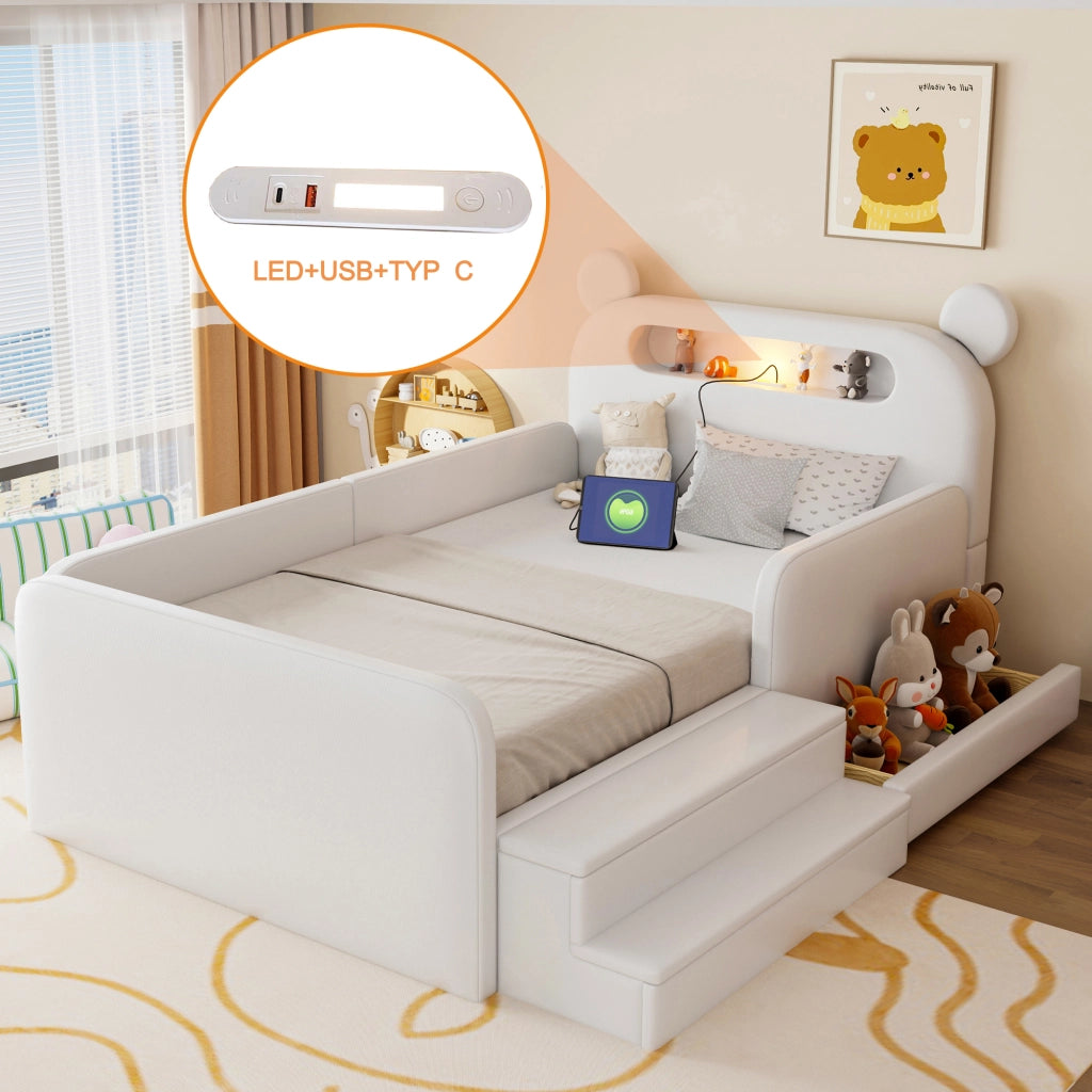 Letto imbottito per bambini con testiera a orso e USB, 90x200 cm, bianco