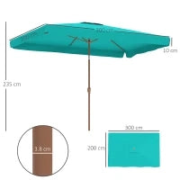 Ombrellone da Giardino 2x3 m con Apertura a Manovella, Inclinabile e Anti UV 50+, Turchese