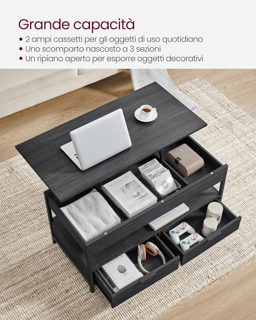 VASAGLE Tavolino da salotto con piano rialzabile, con cassetti, scomparti nascosti e ripiano aperto, grigio antracite e nero inchiostro LCT209B22