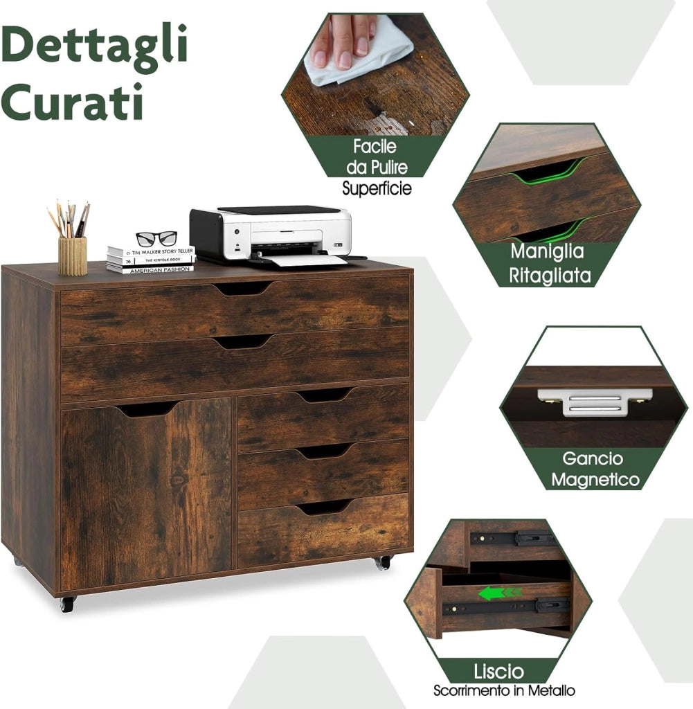 Cassetteria a 5 Cassetti, Comò Camera da Letto con Armadietto con Anta, Comodino Tavolino in Legno con 5 Ruote Universale, Mobile per Soggiorno, 77,5 x 40 x 64 cm (Marrone)