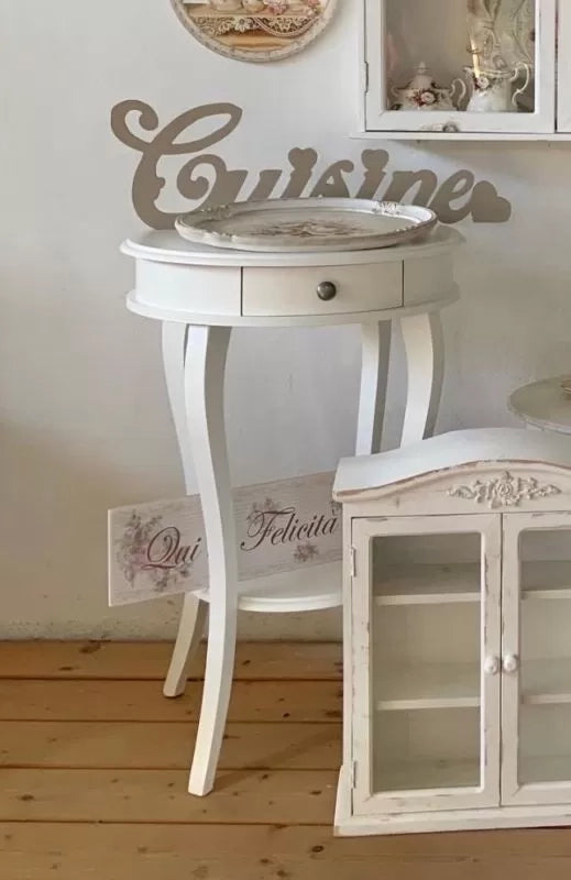 Porta vaso tavolino rotondo 1 cassetto shabby legno bianco opaco 50x73 - Mobili 2G