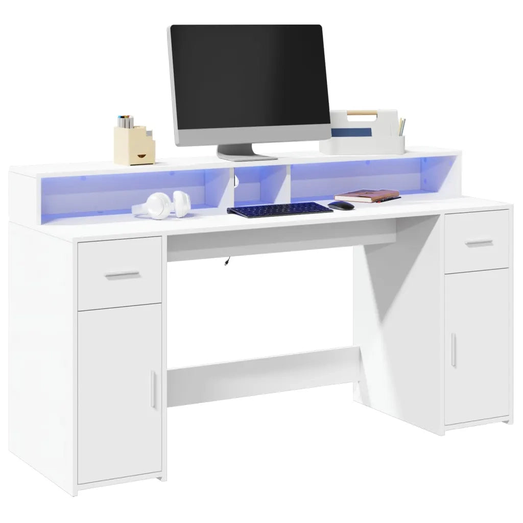 Scrivania | Tavolo da Ufficio con Luci LED Bianca 160x55x91 cm in Legno Multistrato