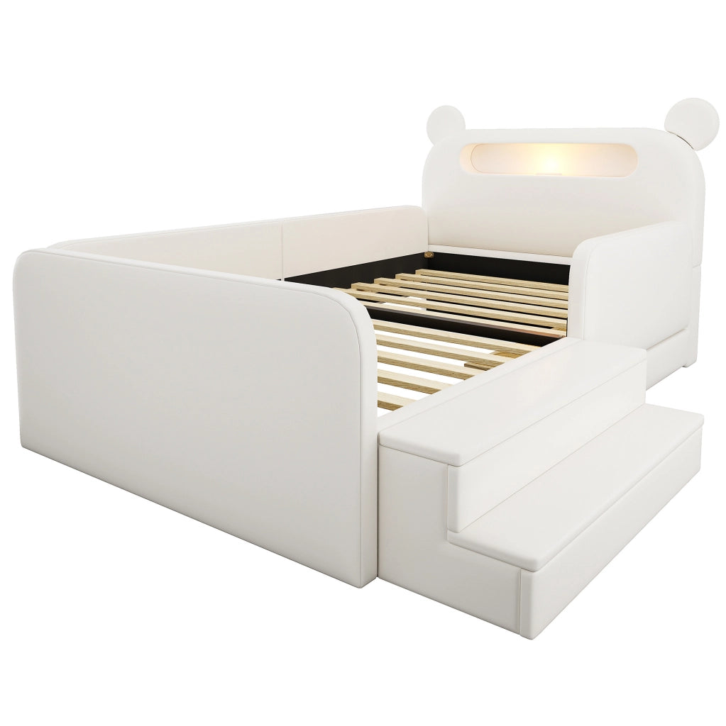 Letto imbottito per bambini 90x200 cm con testiera orso, luce notturna e USB bianco