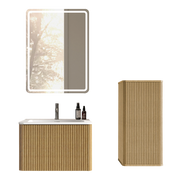 Set mobile bagno sospeso 60 cm colore rovere con specchio LED; lavabo e colonna laterale