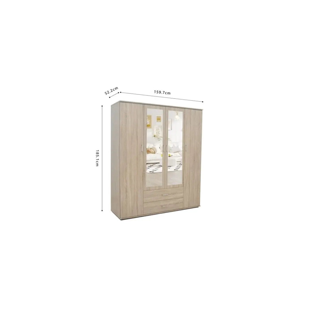 Armadio TOM 4 porte – Rovere Sonoma – Con specchio – L160 x H185 cm
