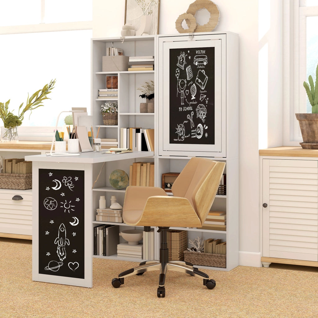 Scrivania PC Pieghevole con Libreria a 9 Ripiani in Legno e Metallo. 98x51x153 cm. Bianco