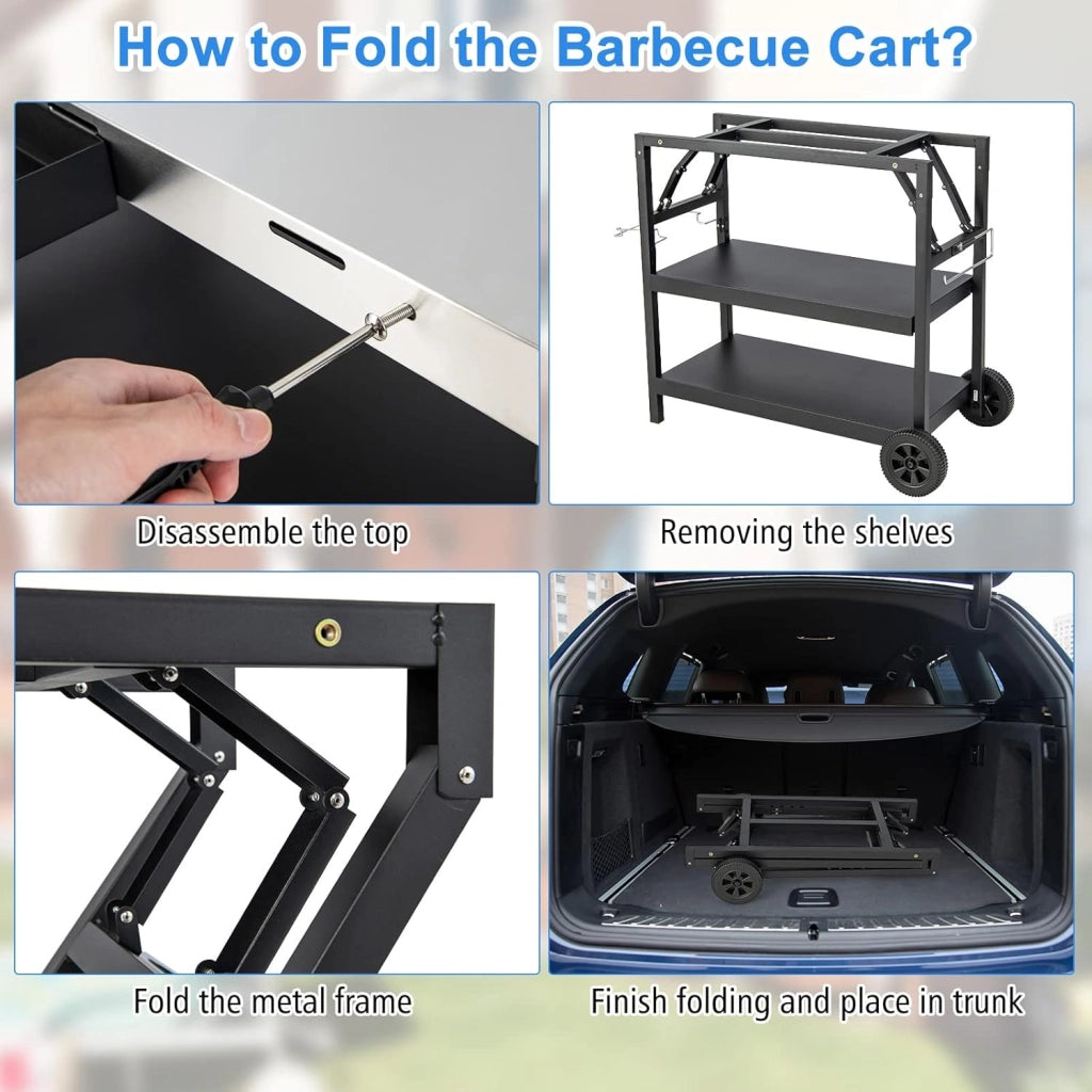 Carrello Barbecue con 3 Ripiani, Carrello per Grigliare, 106 x 52 x 84cm, Carrello da Pranzo per BBQ in Metallo, con Ripiano Regolabile, Ruote, Portasciugamani e Supporto per Cellulare, Nero