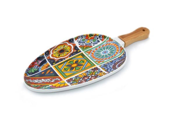 Paletta Vassoio da Portata in Porcellana con Manico in Legno 30 cm