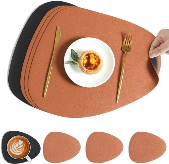 Tavolo, placemat doppia, tavolo con placemat, placemats e sottopiani, anti-slip, lavabile, tappeto da tavolo (nero-bruno, set da 4)