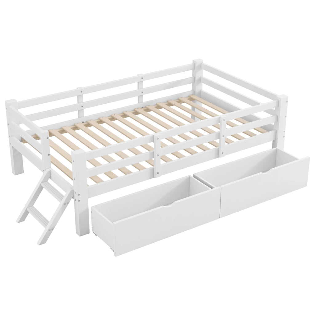 Letto in legno con sponde e 2 cassetti, 90x200 cm, bianco