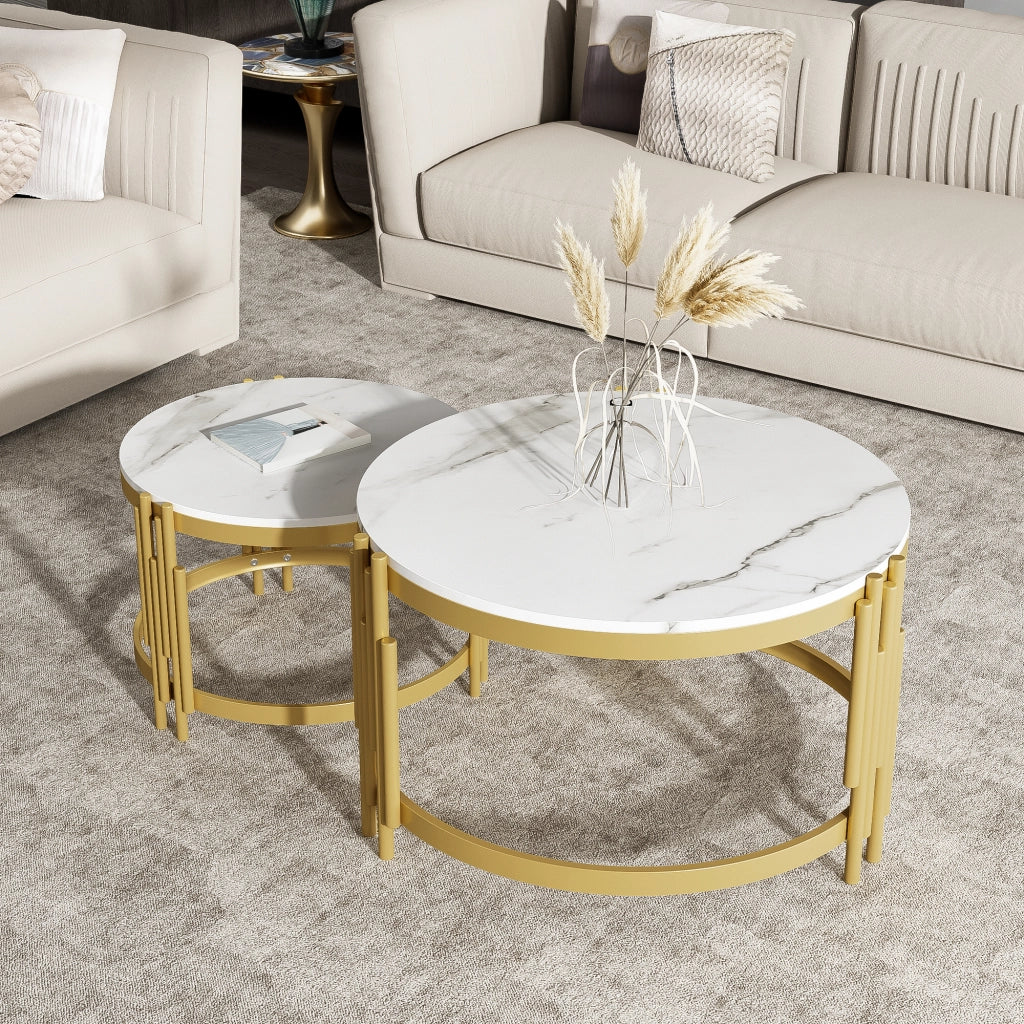 Set di tavolini da caff¨¨ modulari effetto marmo con struttura in metallo color ottone antico, 2 pezzi