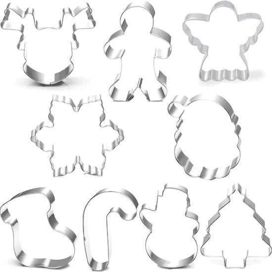 Set di stampi per biscotti a forma di personaggi natalizi - 9 pezzi - renna, angelo, albero di Natale, fiocco di neve, Babbo Natale e altri - stampi per biscotti con 100 sacchetti di zucchero
