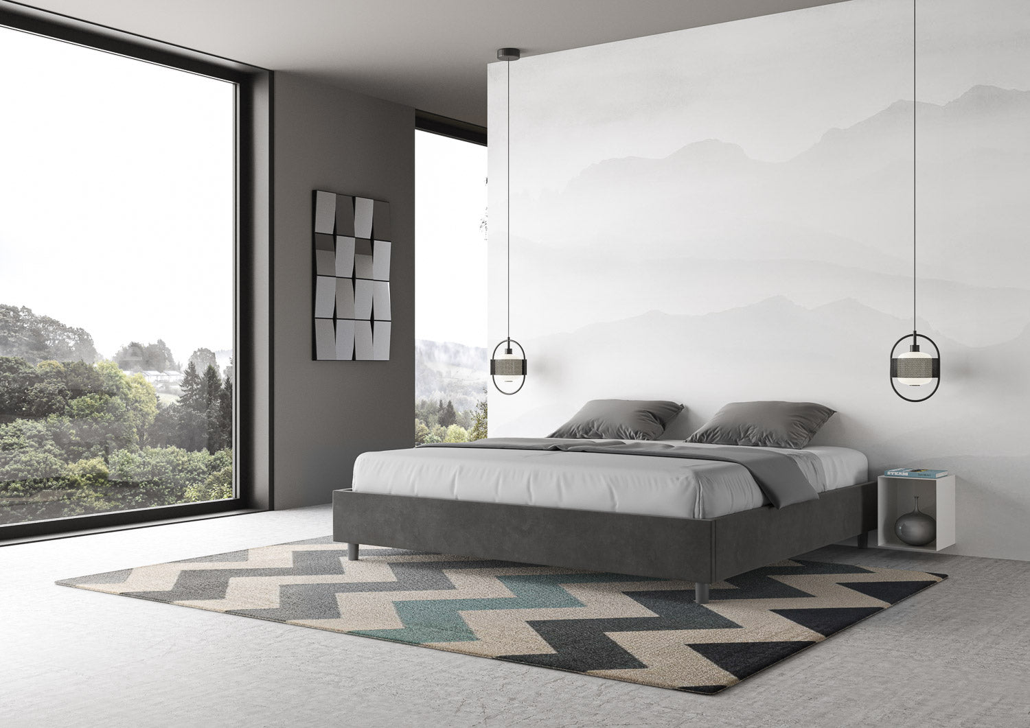 Letto Matrimoniale Extra Large Sommier 190x200 cm con Rete e Contenitore Azelia Grigio