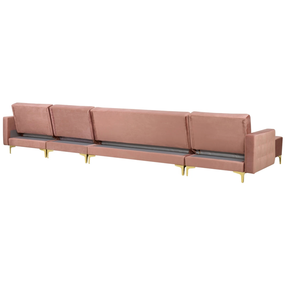 Divano letto ad angolo in tessuto trapuntato in velluto rosa moderno a forma di U componibile a 6 posti con chaise longue