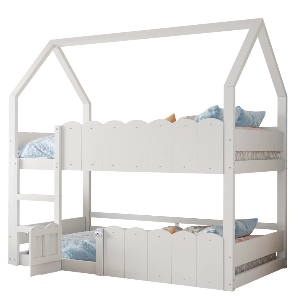 Letto a castello per bambini a forma di casetta 90 x 200 cm con sponde; bianco