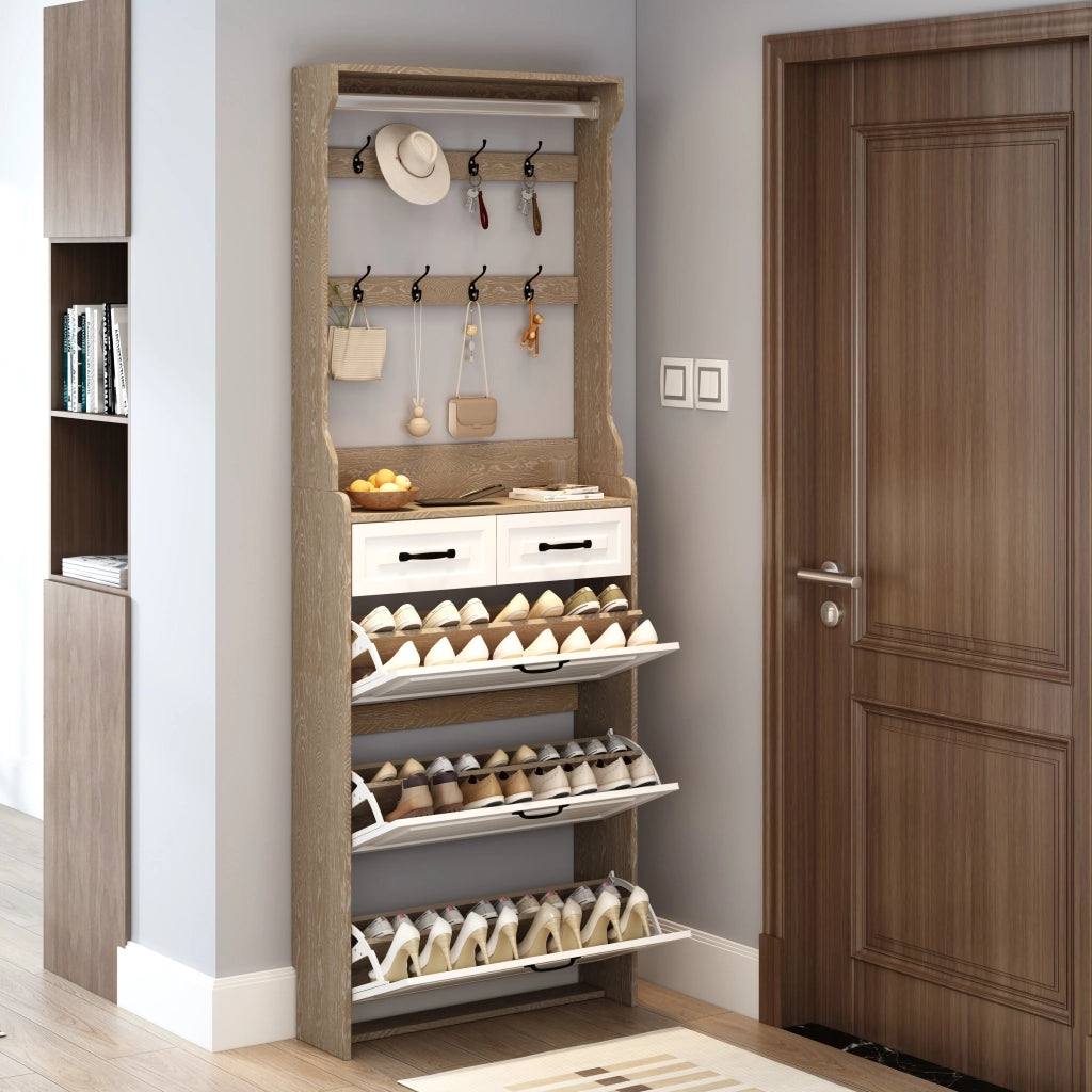 Armadio per scarpe con appendiabiti - Zephmum- 3 ante 2 cassetti colore bianco e quercia