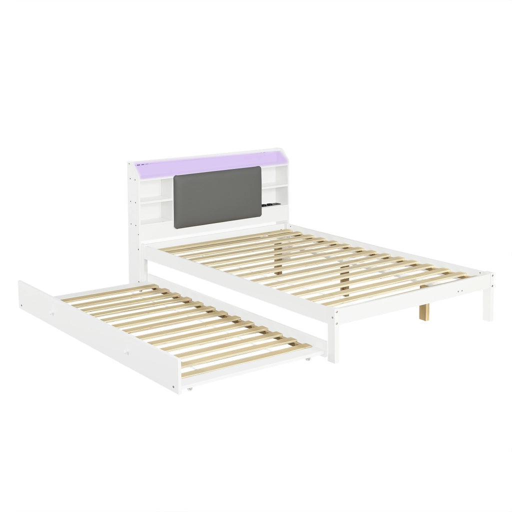 Letto Estraibile 120x200 cm e 90x190 cm - LED; Mensole e Stazione di Ricarica - Bianco
