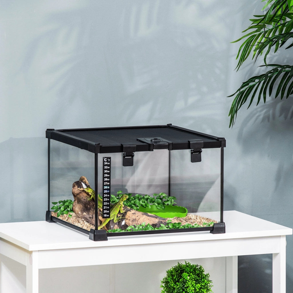 Terrario per Rettili 30x30x20 cm Rialzato con Serratura e Termometro in Vetro e Rete Metallica Nero