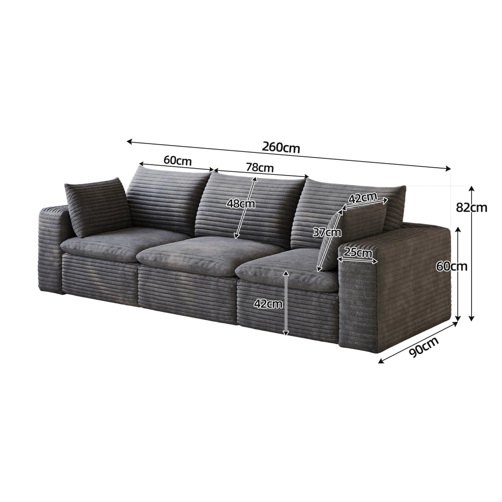 Divano Cloud 260 cm ¨C MINIMAL ¨C Velluto a Coste Grigio Scuro, Imbottito, Senza Montaggio