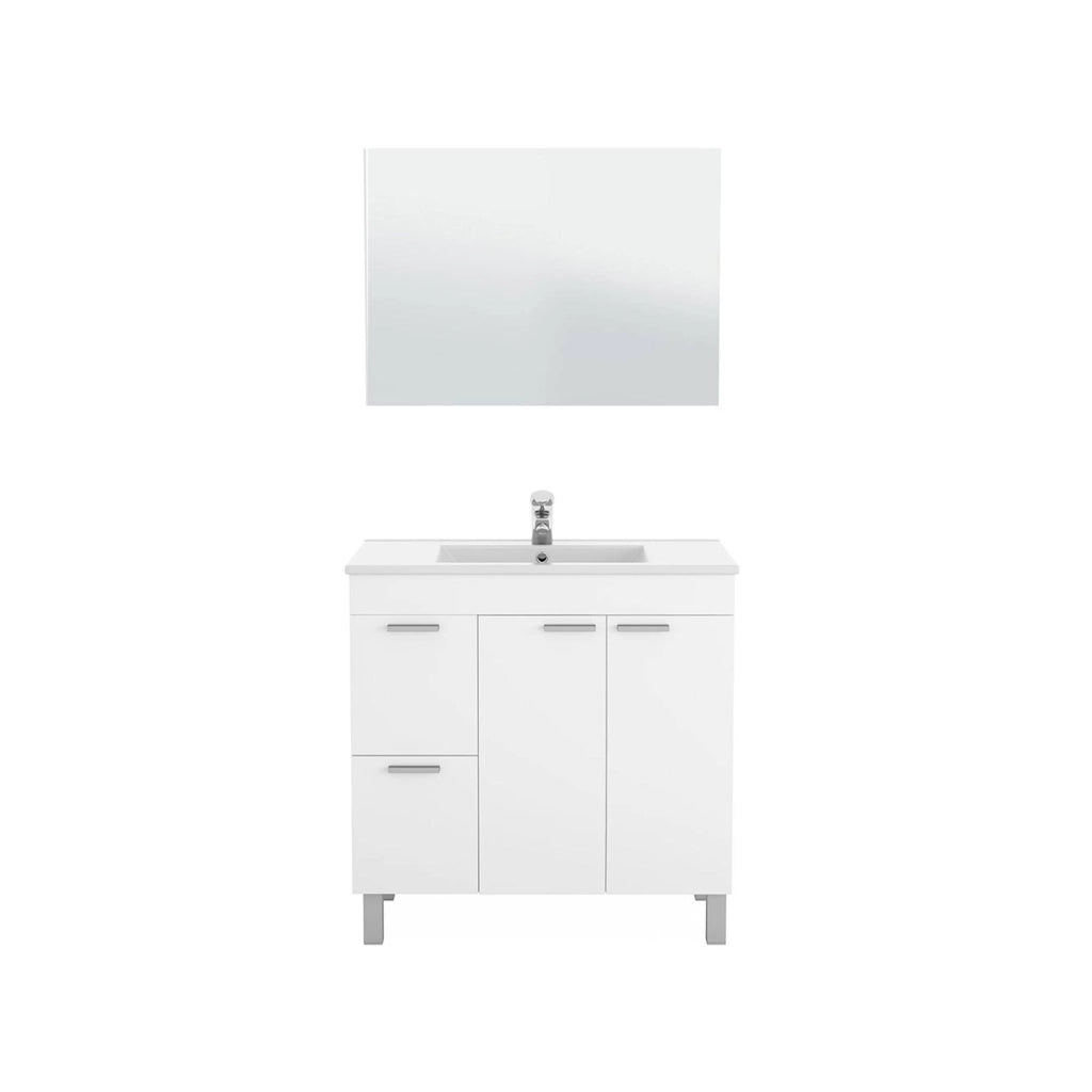 Mobile sottolavabo Aracth, Mobiletto per bagno, Armadio a 2 ante e due cassetti con specchio, lavabo non incluso, cm 80x45h80, Bianco lucido