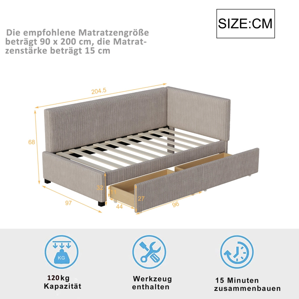 Letto singolo imbottito 90x200 cm con 2 cassetti contenitore, grigio