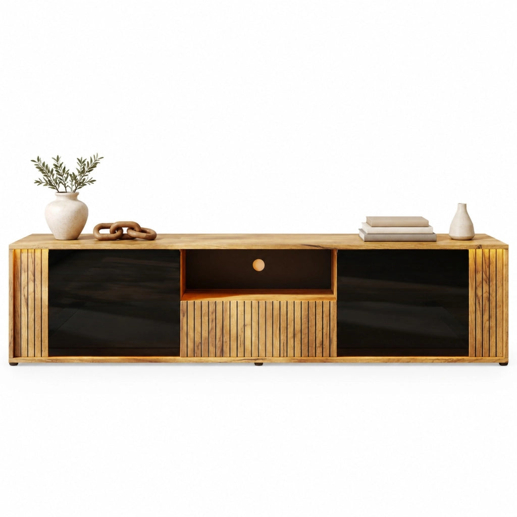 Mobile TV ULEVR 180x40x51 cm con LED Bluetooth, 2 ante e cassetto, nero e legno naturale