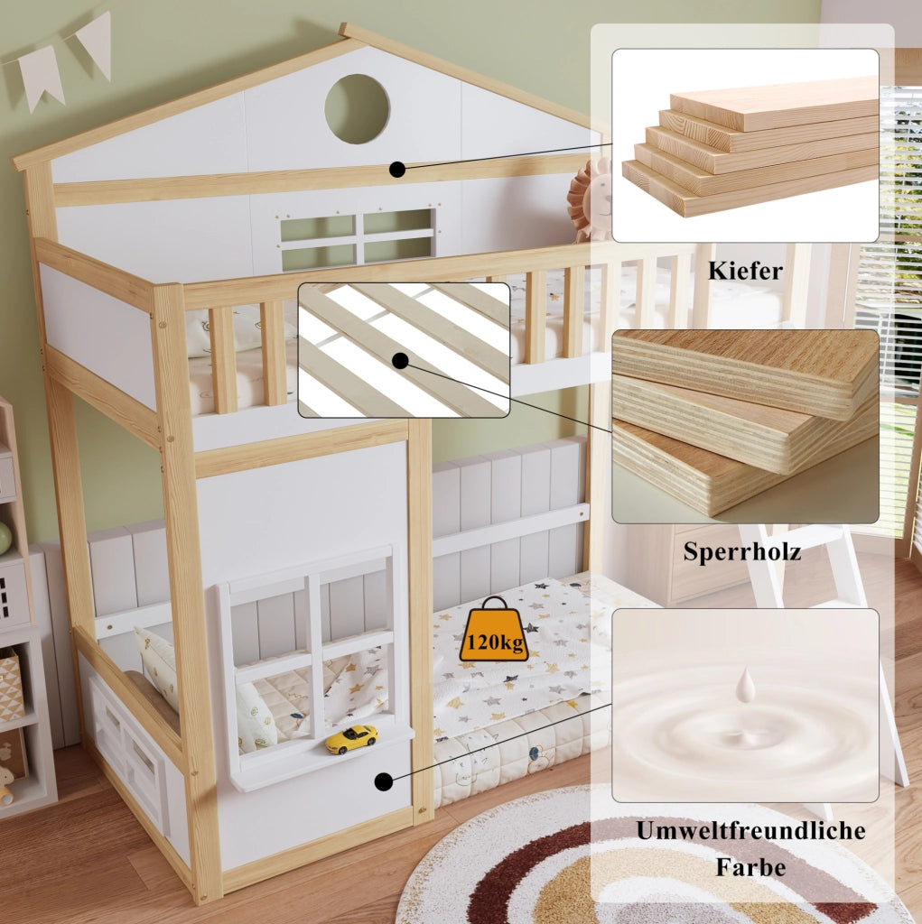 Letto a castello a casetta 90x200 cm bianco e naturale