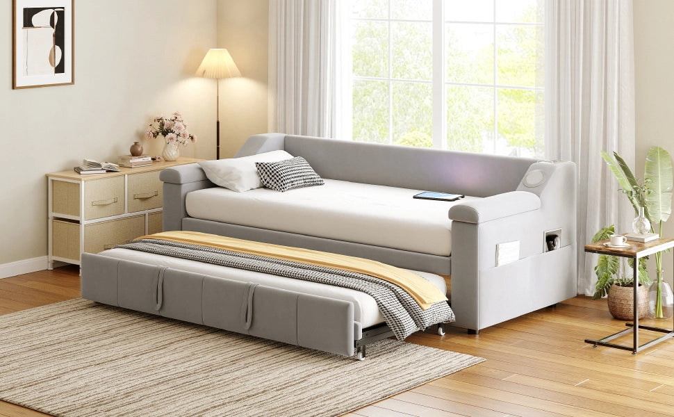Letto divano trasformabile con altoparlanti bluetooth e rete a doghe velluto grigio 90x190 cm