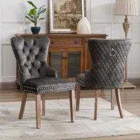 Set di 2 sedie imbottite in velluto con decorazioni in rivetti e anelli rotondi unici,da pranzo, 53,5×64×95 cm, Grigio