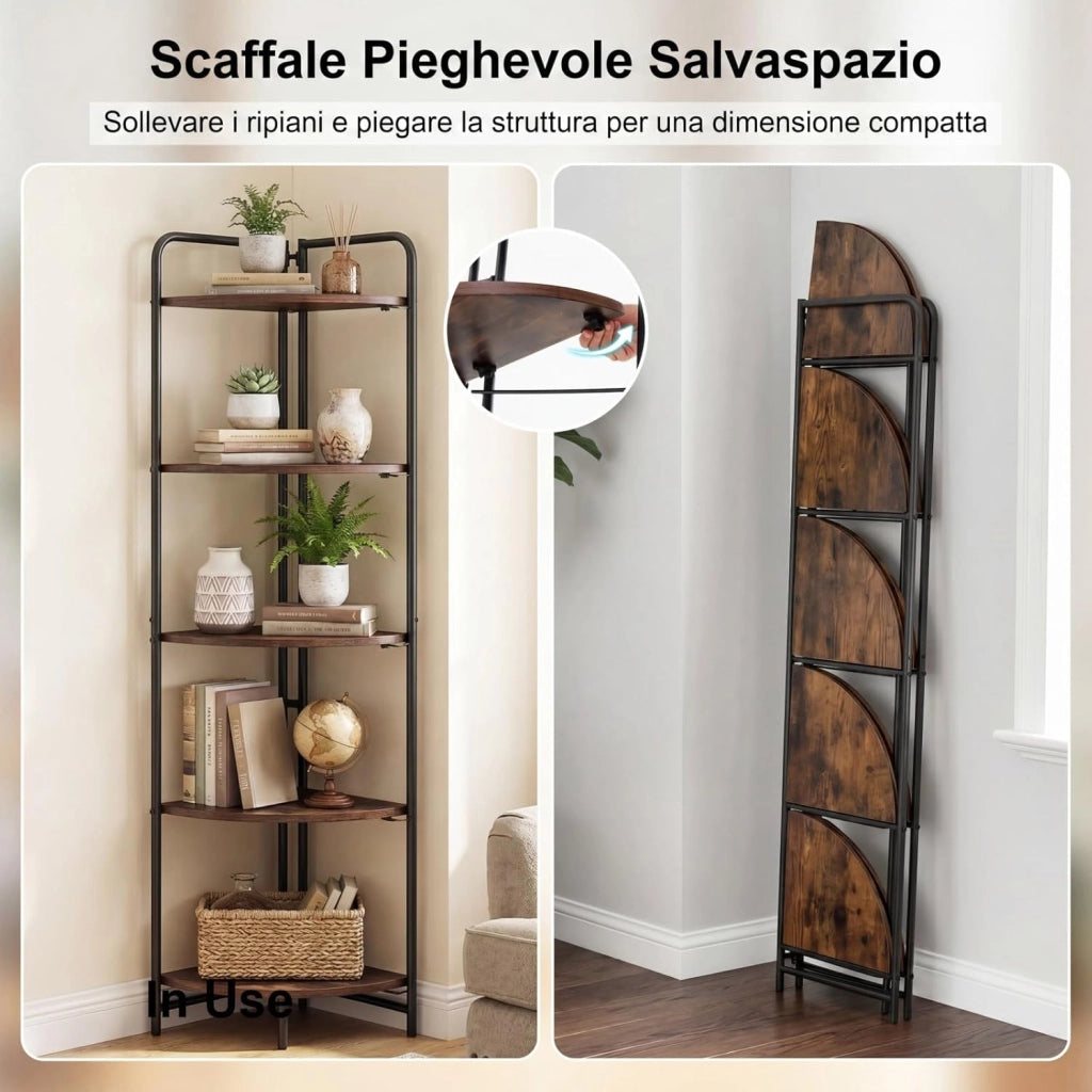 Libreria Angolare Pieghevole, Scaffale Stretto in Legno a 5 Ripiani, Organizer per Libri con Struttura Metallica, Design Industriale e Salvaspazio, per Casa Ufficio Studio, 34x34x151 cm