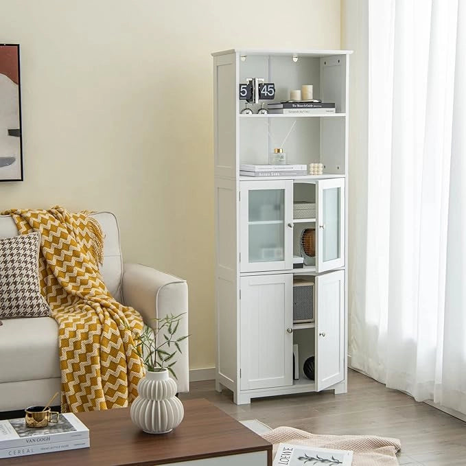 Armadio da Bagno, Mobiletto Alto da Terra con 2 Armadietti e Ripiani Regolabili, con Ante in Vetro, Mobile Portaoggetti Multiusi per Bagno Soggiorno, 60x30x163 cm (Bianco)