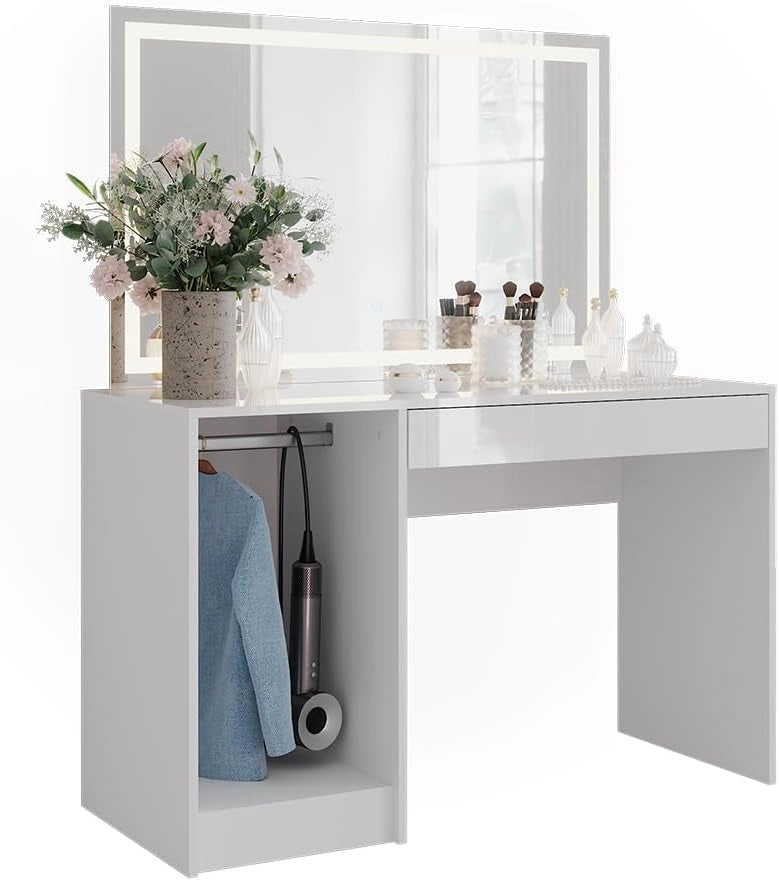Tavolo da toeletta Sherry, Bianco/bianco lucido, 119.8 cm con specchio LED, adatto per la conservazione ordinata di articoli cosmetici