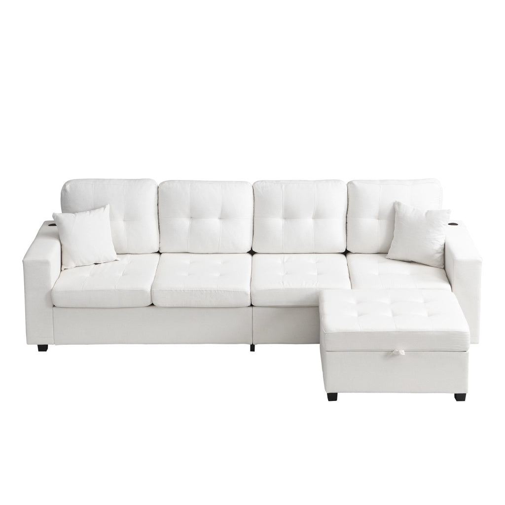 Divano angolare 4 posti con contenitore; USB e LED; pouf modulare in tessuto beige